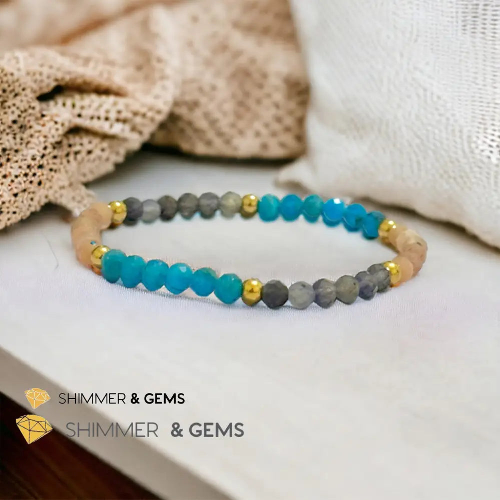 Weight Loss Remedy Bracelet (Blue Apatite Sunstone Iolite 4mm with Stainless Steel Beads) 6.5”