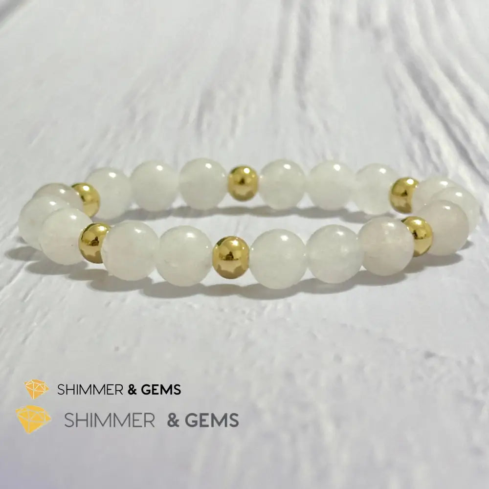 White Jade 8mm Bracelet with 14k gold filled beads 5.5”